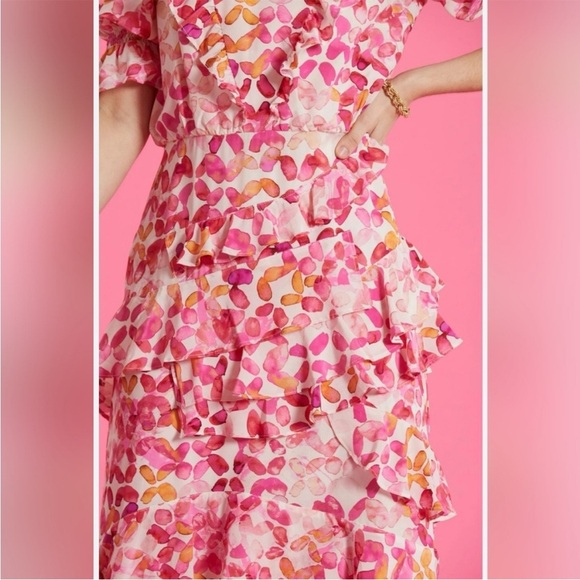 tyler boe Maxine Silk Ballet Slipper Dress V-Neck Puff Sleeve Ruffle Midi 6 - Picture 4 of 7